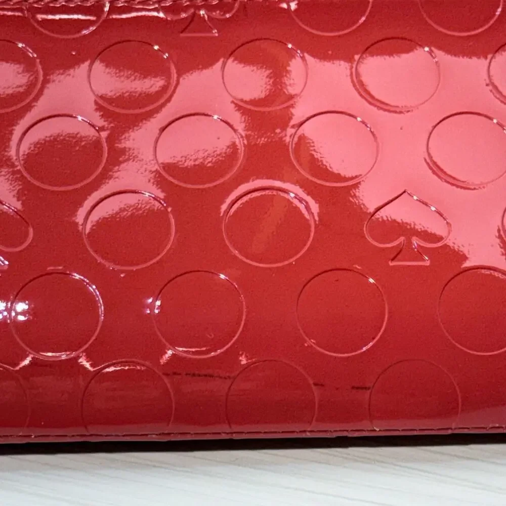 Kate Spade Red Patent Leather Embossed Spade and Circle Motif Full Zip Wallet